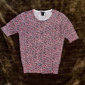 Ann Taylor M Black & Red Floral Print on‎ White Short Sleeve Cardigan